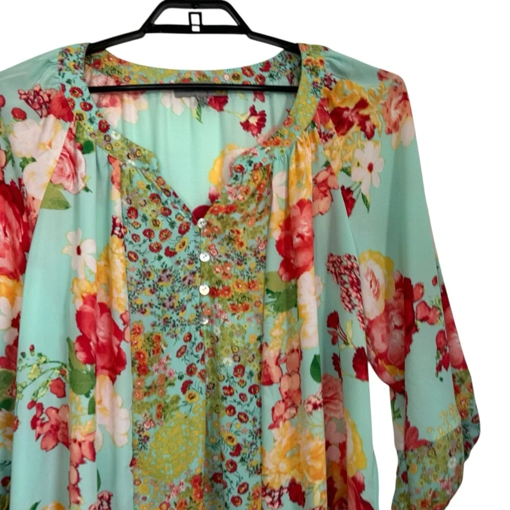 Figueroa & Flower Womens Floral Boho Peasant Tunic Top 2X Multicolor Lightweight - Picture 3 of 7